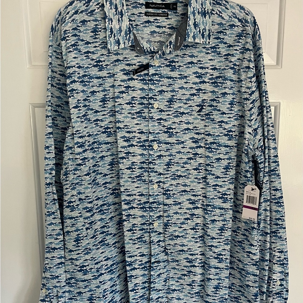 Nautica long sleeve shark shirt.  New, never worn.  XXL, stretch fit.